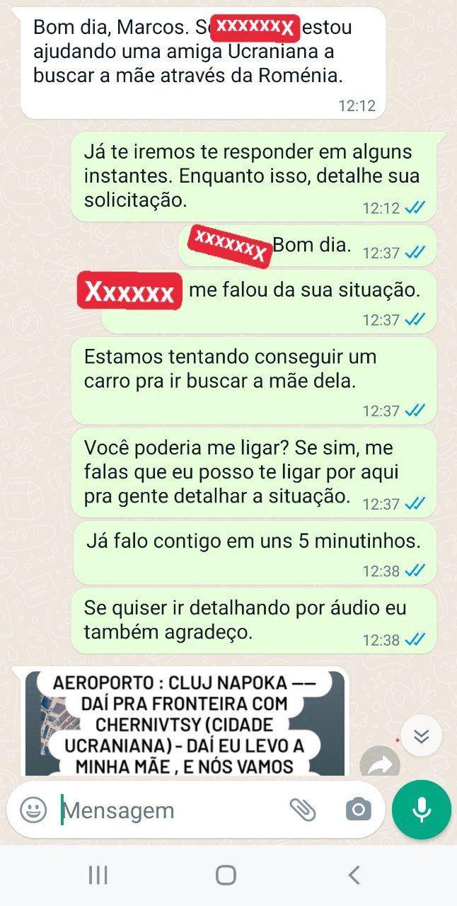 Prints de trocas de mensagens entre voluntários brasileiros e pessoas na ucrânia em busca de resgate e/ou ajuda