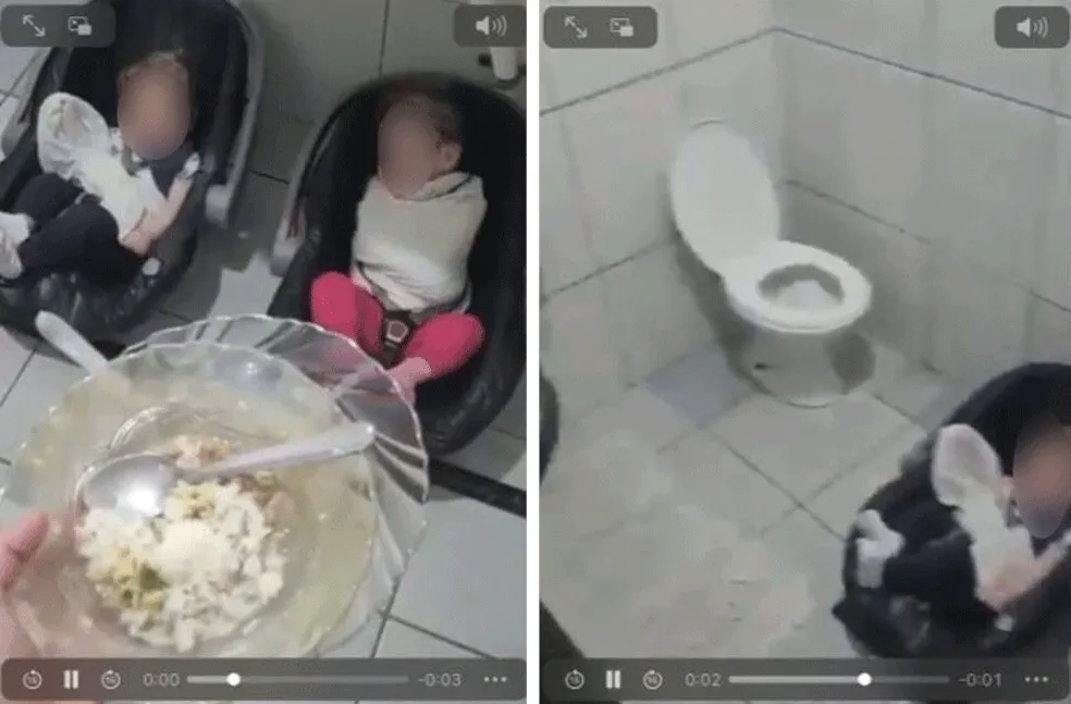Imagens mostram crianças imobilizadas em cadeiras de bebês com lençóis