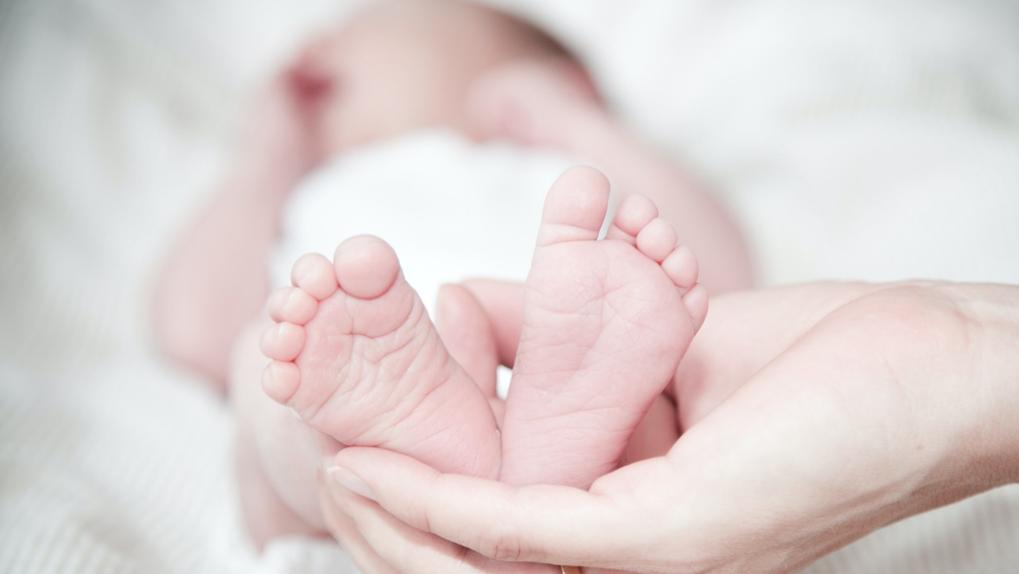 Close de mão segurando os pés de um bebê