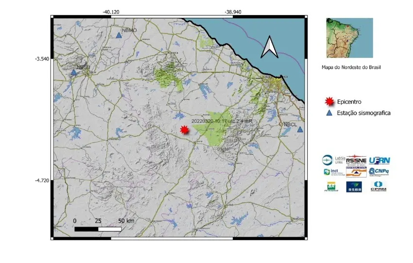 Mapa do Ceará que mostra o epicentro do tremor de terra em Paramoti.