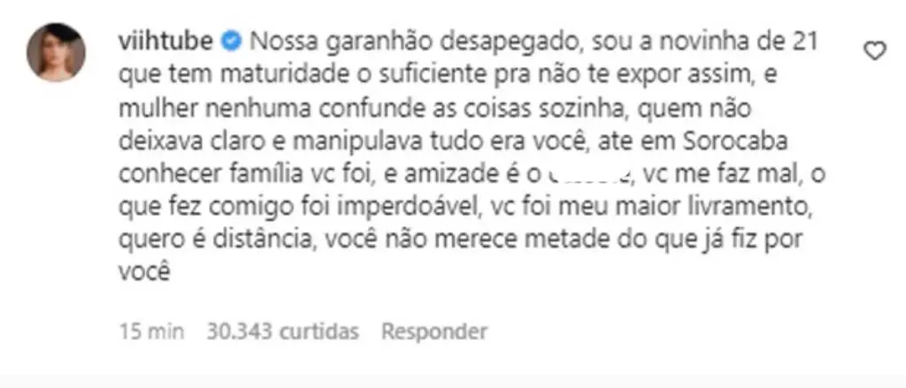 Viih Tube detona ex, Lipe Ribeiro, em comentário no Instagram