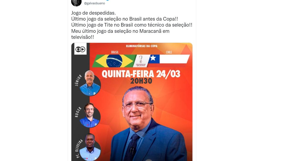 Galvão Bueno faz post em tom de despedida e diz que narra hoje