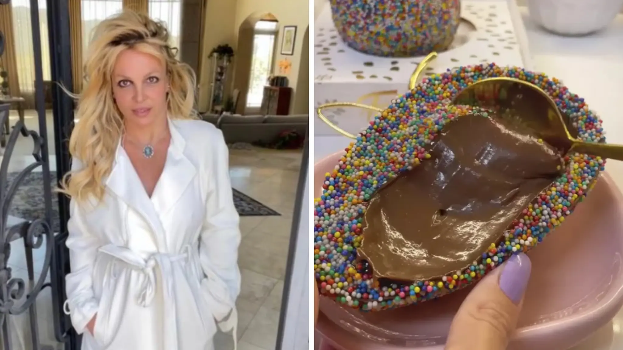 Montagem com imagem de Britney Spears ao lado de um ovo de Páscoa