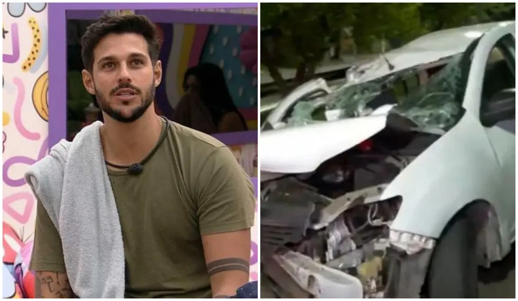 Montagem com foto de Rodrigo Mussi e carro do acidente