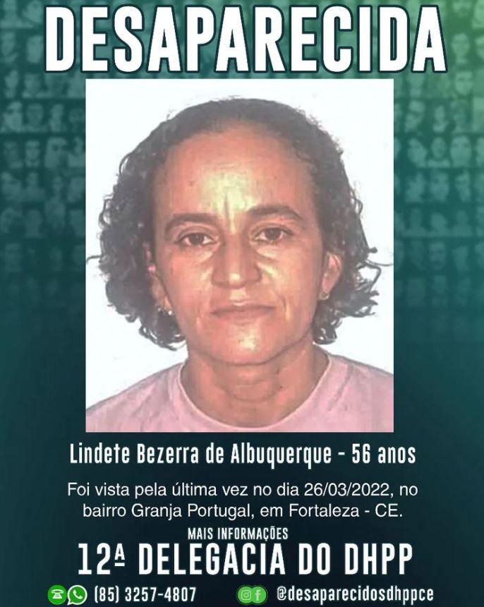 Técnica de enfermagem Lindete Bezerra de Albuquerque, de 55 anos, está desaparecida