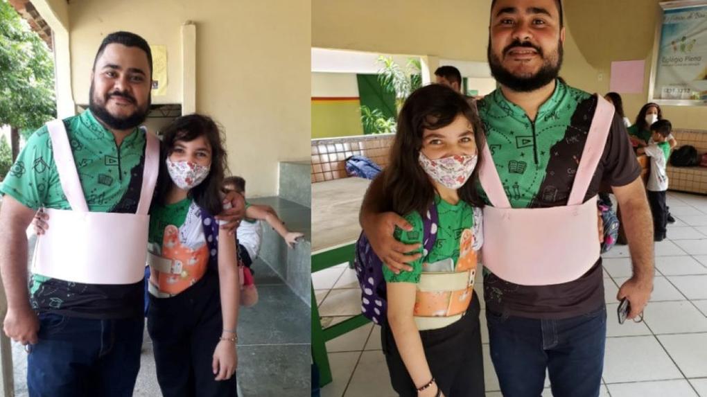 professor fez colete de borracha para incentivar aluna que sofria bullying. na foto, os dois estão de colete e abraçados