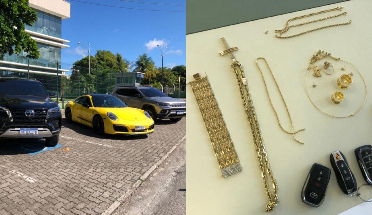 três carros de luxo apreendidos e joias e ouro