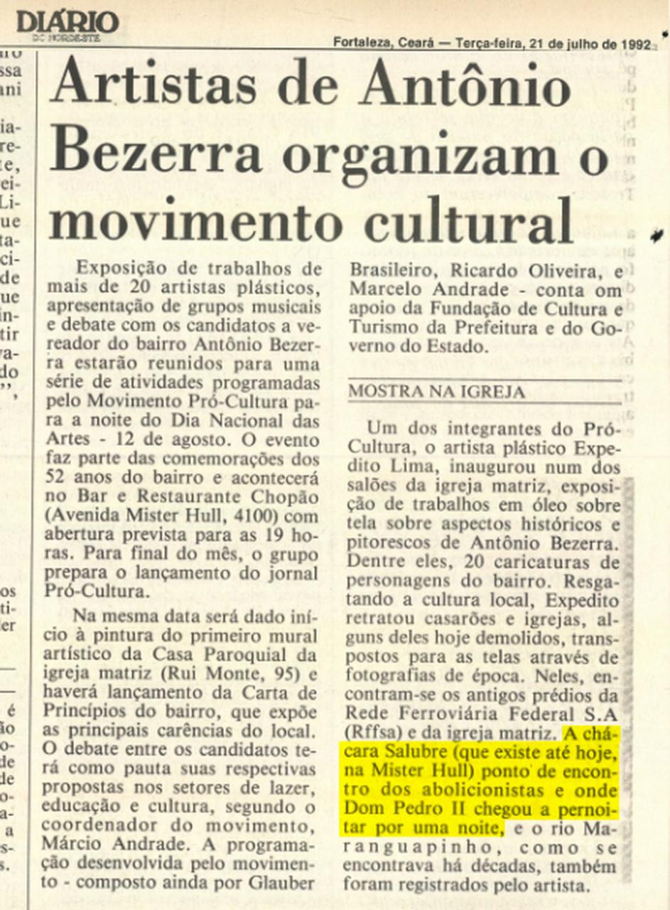 Edição do Diário do Nordeste de 1992 relembra importância histórica da Chácara Salubre