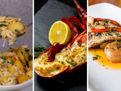 Montagem com imagens de pratos na seguinte ordem: bacalhau dourado, lagosta ao creme e sardinha a portuguesa