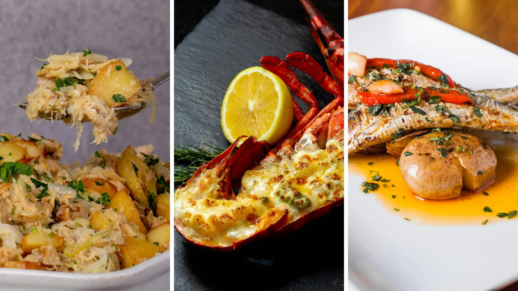 Montagem com imagens de pratos na seguinte ordem: bacalhau dourado, lagosta ao creme e sardinha a portuguesa
