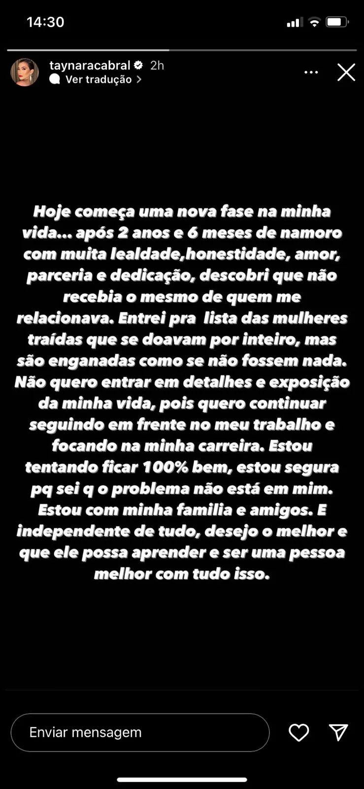 Tayana postou um longo desabafo no Instagram
