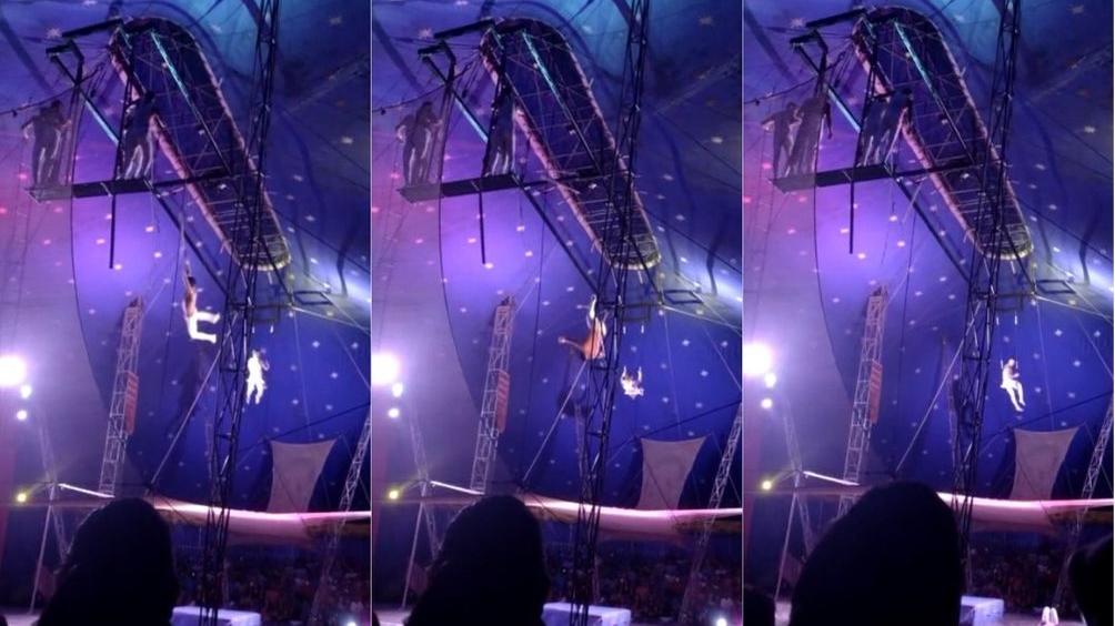 Montagem com três capturas de tela de vídeo com trapezista caindo de equipamento e deitado no solo