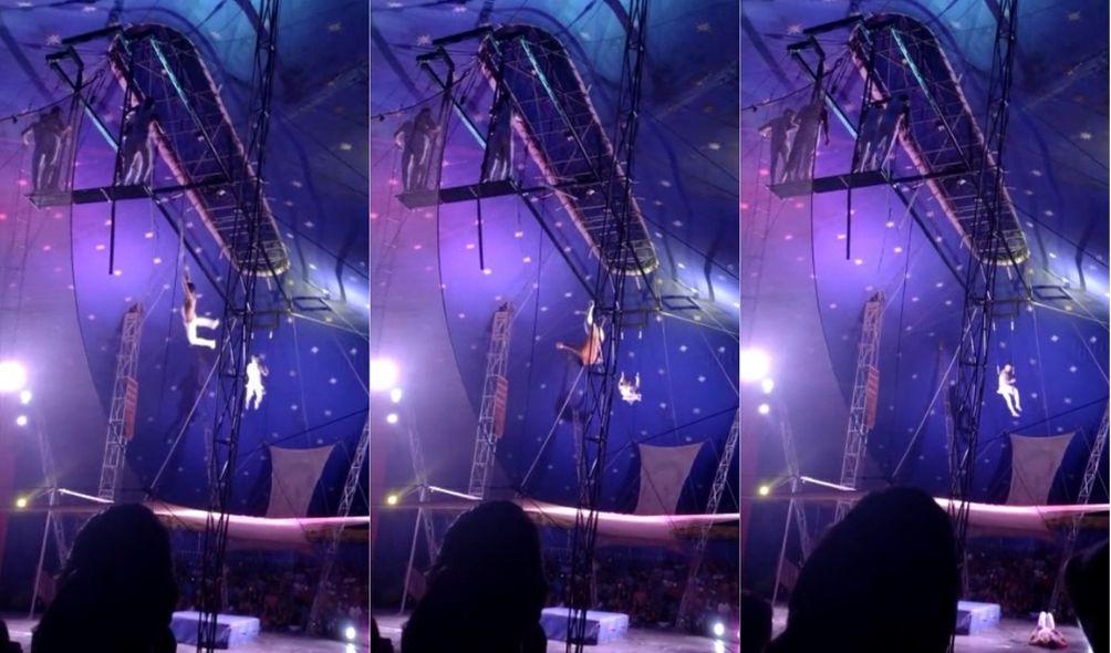 Montagem com três capturas de tela de vídeo com trapezista caindo de equipamento e deitado no solo