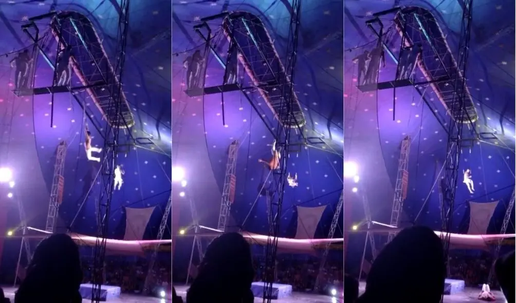 Montagem com três capturas de tela de vídeo com trapezista caindo de equipamento e deitado no solo