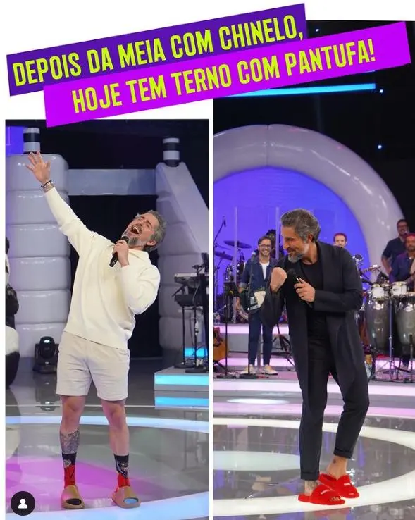 Marcos Mion veste chinelo da Balenciaga no Caldeirão