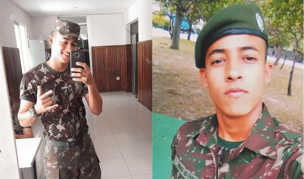 Montagem com duas otos de jovem encontrado morto usando uniforme do Exército Brasileiro