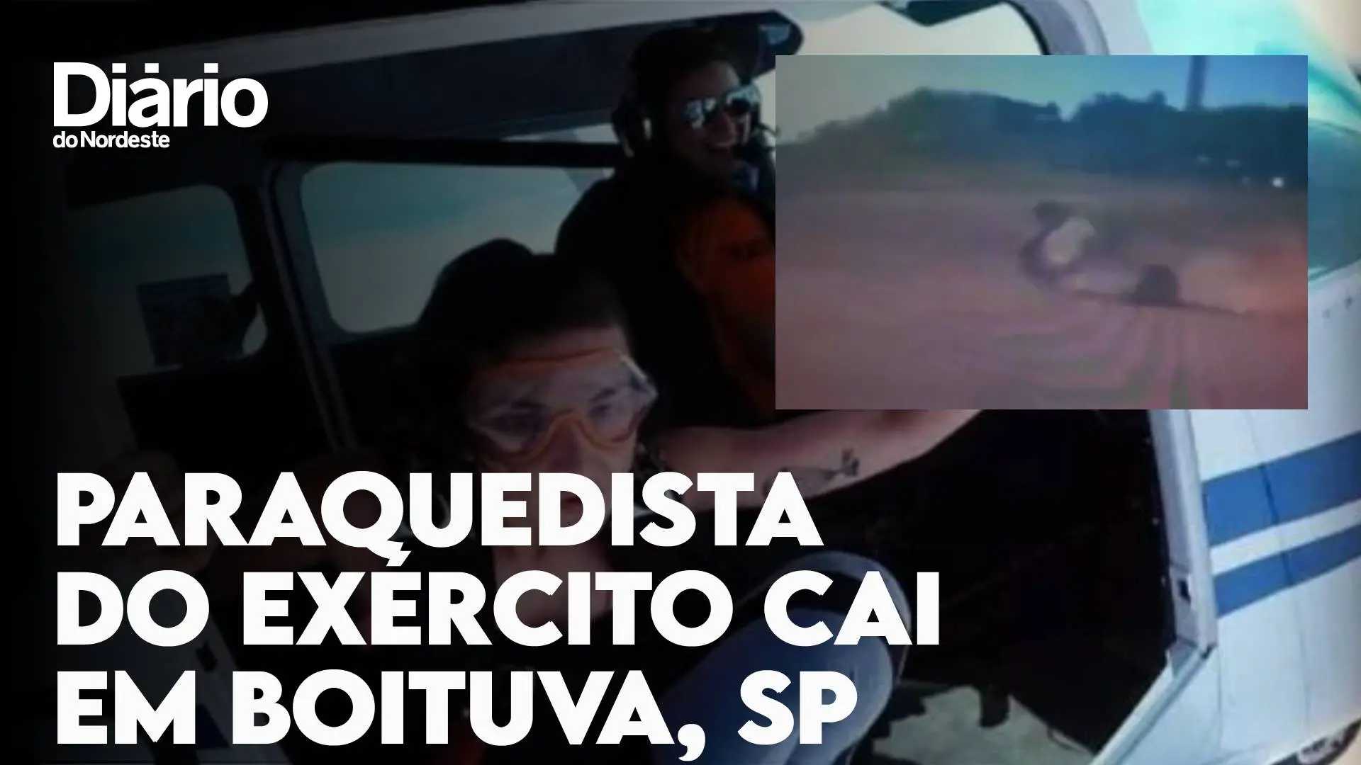 Thumb com foto e frame de vídeo de queda de paraquedista em Boituva com letreiro escrito 