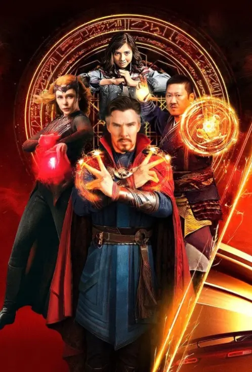 Elizabeth Olsen (Feiticeira Escarlate),  Xochitl Gomez (America Chavez), Benedict Wong (Wong) e Doutor Estranho (Benedict Cumberbatch )