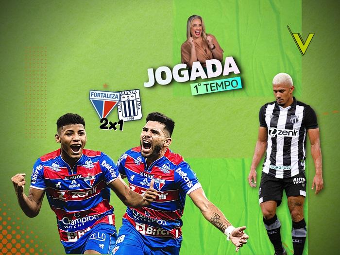 Imagem mostra arte com jogadores de futebol e apresentadora