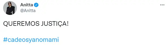 Tweet de Anitta sobre Yanomamis