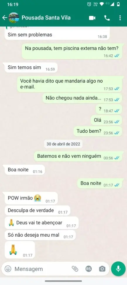 Print do golpe na Pousada Santa Vila, na Serra do Cipó, na Região Central de Minas Gerais