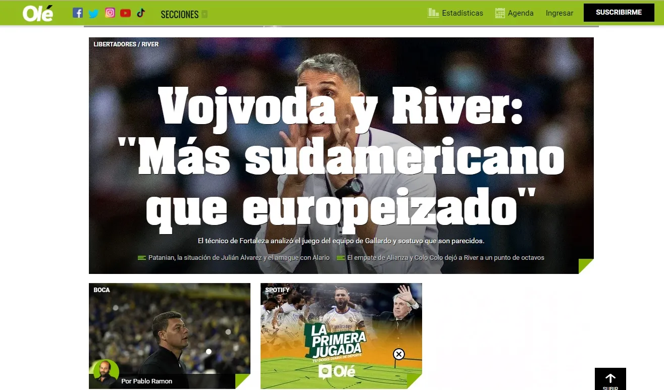 Portal argentino destaca avaliação de Juan Pablo sobre o jogo contra o River.