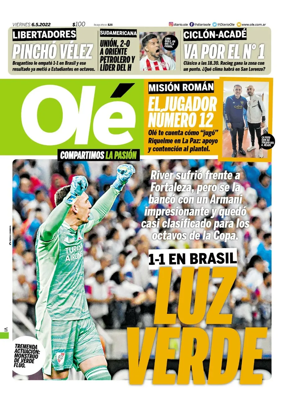 Jornal argentino Olé destaca empate do River com o Fortaleza.