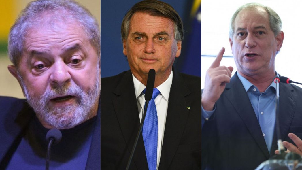 Montagem com três fotos: da esquerda para a direita, Lula, Bolsonaro e Ciro.