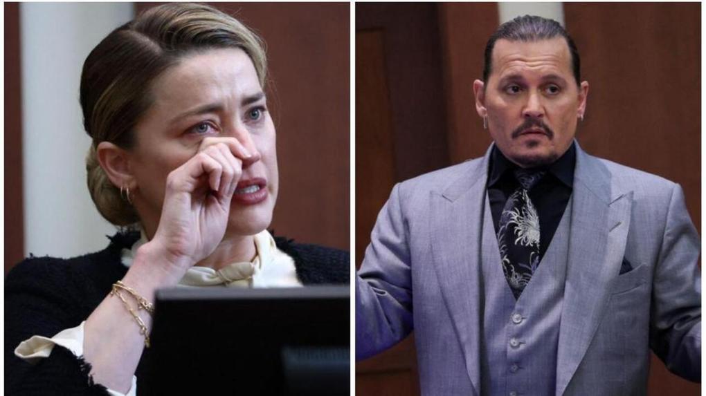 Montagem com Johnny Depp e Amber Heard no tribunal