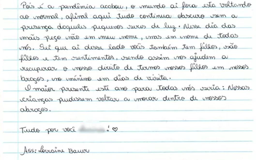 Carta Gatinha da Cracolândia pedindo autorização para ver a filha
