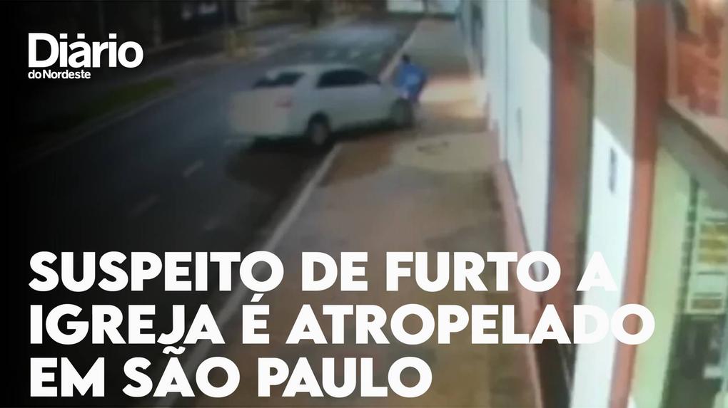 Imagem de padre atropelando suspeito de furto em São Paulo com letreiro escrito 
