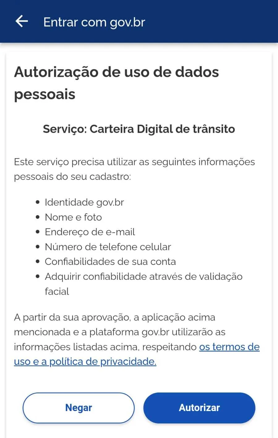 Tela solicita autorização do uso dos dados para dar prosseguimento à venda do veículo