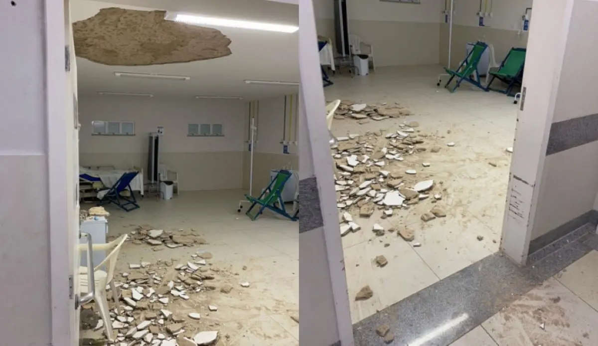 parte de teto de leito de hospital caído no chão