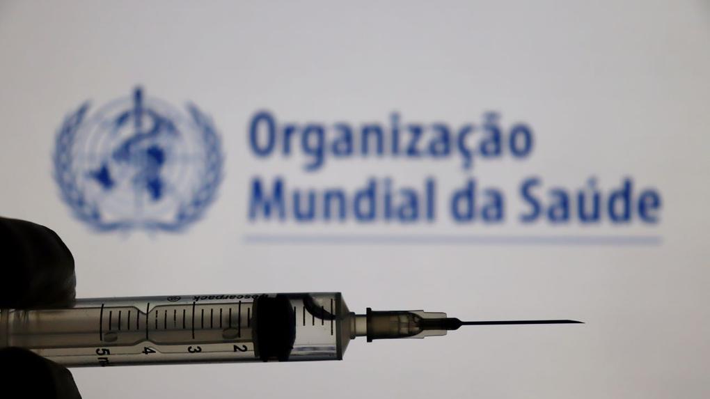 simbolo da organização mundial da saúde. diante do simbolo, uma seringa