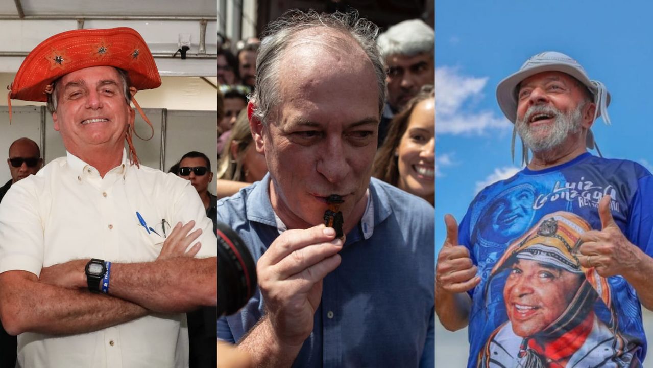 Montagem de fotos. Da esquerda para a direita: o presidente Jair Bolsonaro, o ex-ministro Ciro Gomes e o ex-presidente Lula. Os três estão com símbolos do Nordeste