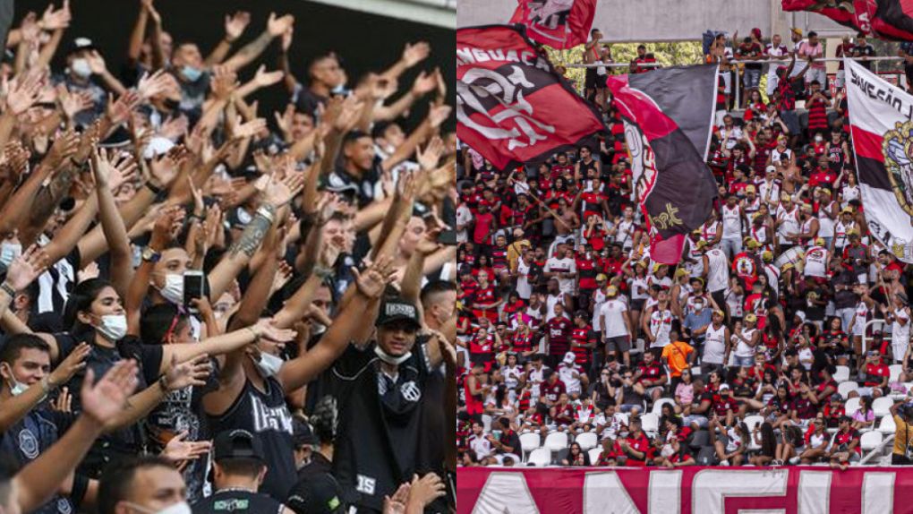 Imagem mostra torcidas de Ceará e Flamengo na arquibancada