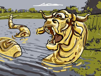 Ilustração de uma cobra amarelada em um rio acinzentado. A cobra tem um olho só e dois chifres, como um boi, e está de boca aberta.
