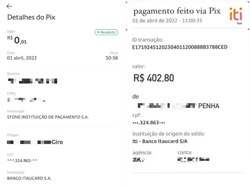 Comprovante do depósito e do Pix tinham valores e nome do remetente divergentes