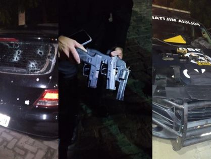 carro com marcas de tiro, armas e materiais apreendidos com criminosos em Jaguaribe