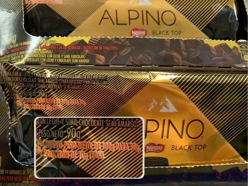 Barra de chocolate sofreu redução de 10% no peso, mas informações não são legíveis ao consumidor