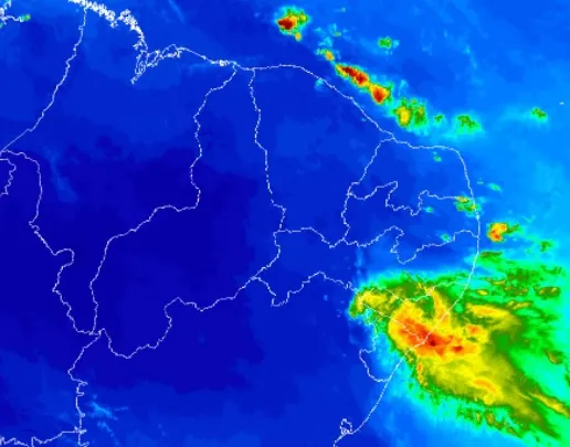 Radar meteorológico mostra situação do Nordeste no início da tarde desta segunda-feira (30).