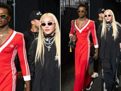 Madonna e o filho David Banda desfilando para a coleção Adidas x Gucci