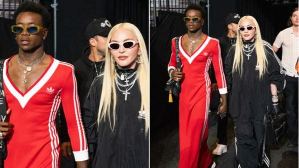 Madonna e o filho David Banda desfilando para a coleção Adidas x Gucci