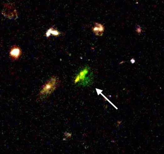 Foto da galáxia muito distante TN J1338-1942 que também tem um buraco negro supermassivo e que será observada pelo JWST por Dr. Overzier do Observatório Nacional em 2023