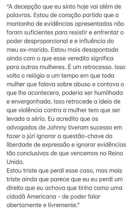 Em nota, Amber Heard lamenta decisão de juiz em favor de Johnny Depp