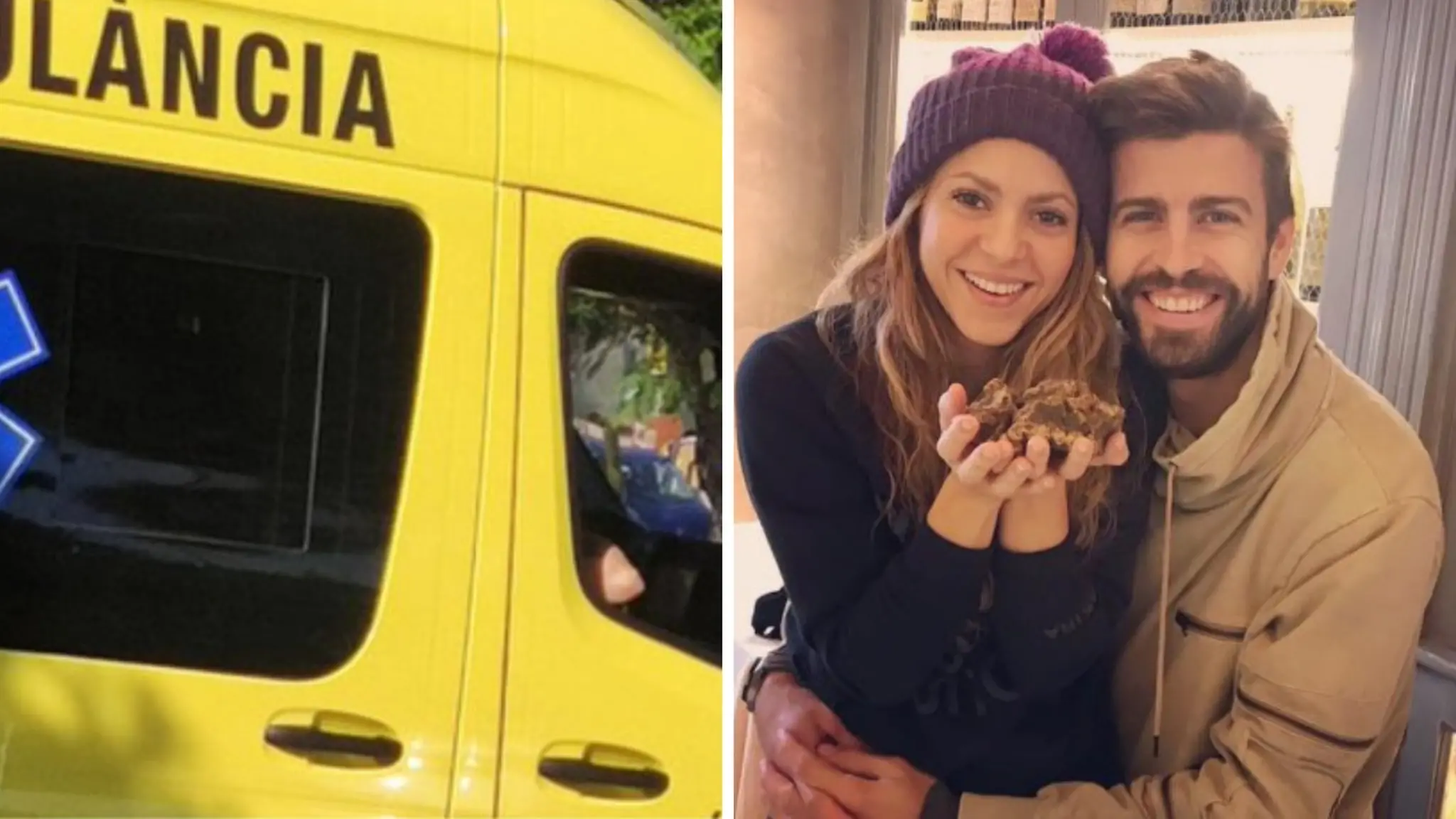 Montagem com imagens de uma ambulância espanhola e do casal Shakira e Piqué
