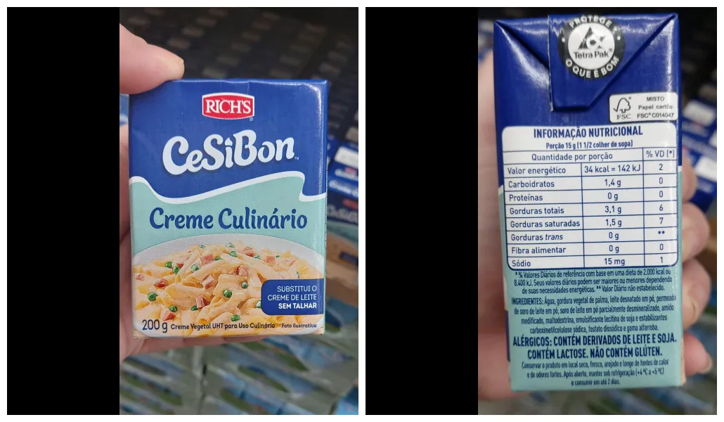Neste substituto de creme de leite, a nomenclatura 'creme culinário' já facilita a identificação numa primeira leitura do rótulo; a unidade do produto era vendido por R$ 2,69, enquanto original de marca concorrente custava R$ 3,35