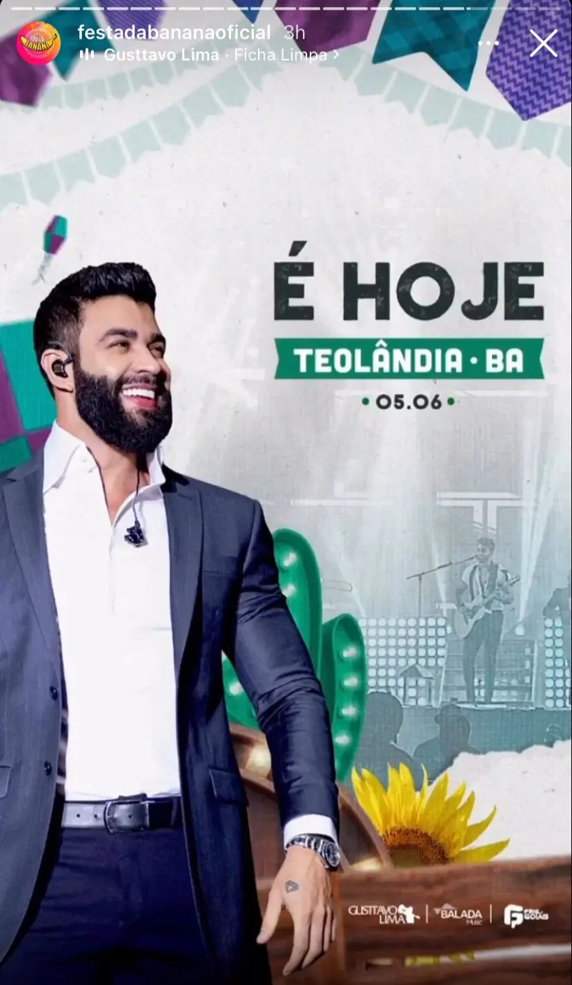 Flyer de divulgação do show de Gusttavo Lima em Teolândia.