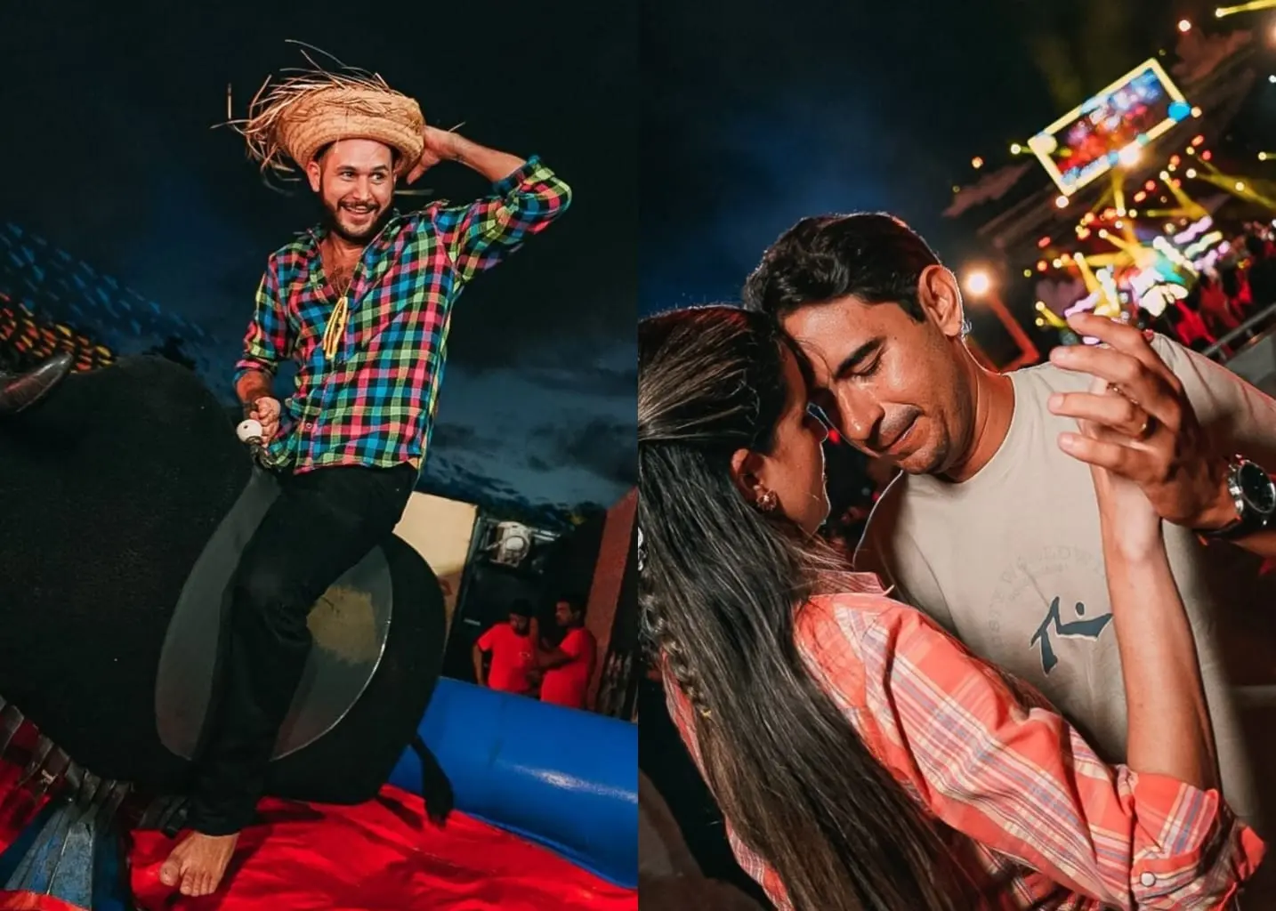 Touro mecânico e casais dançando forró marcaram primeira noite da Vybbe Junina