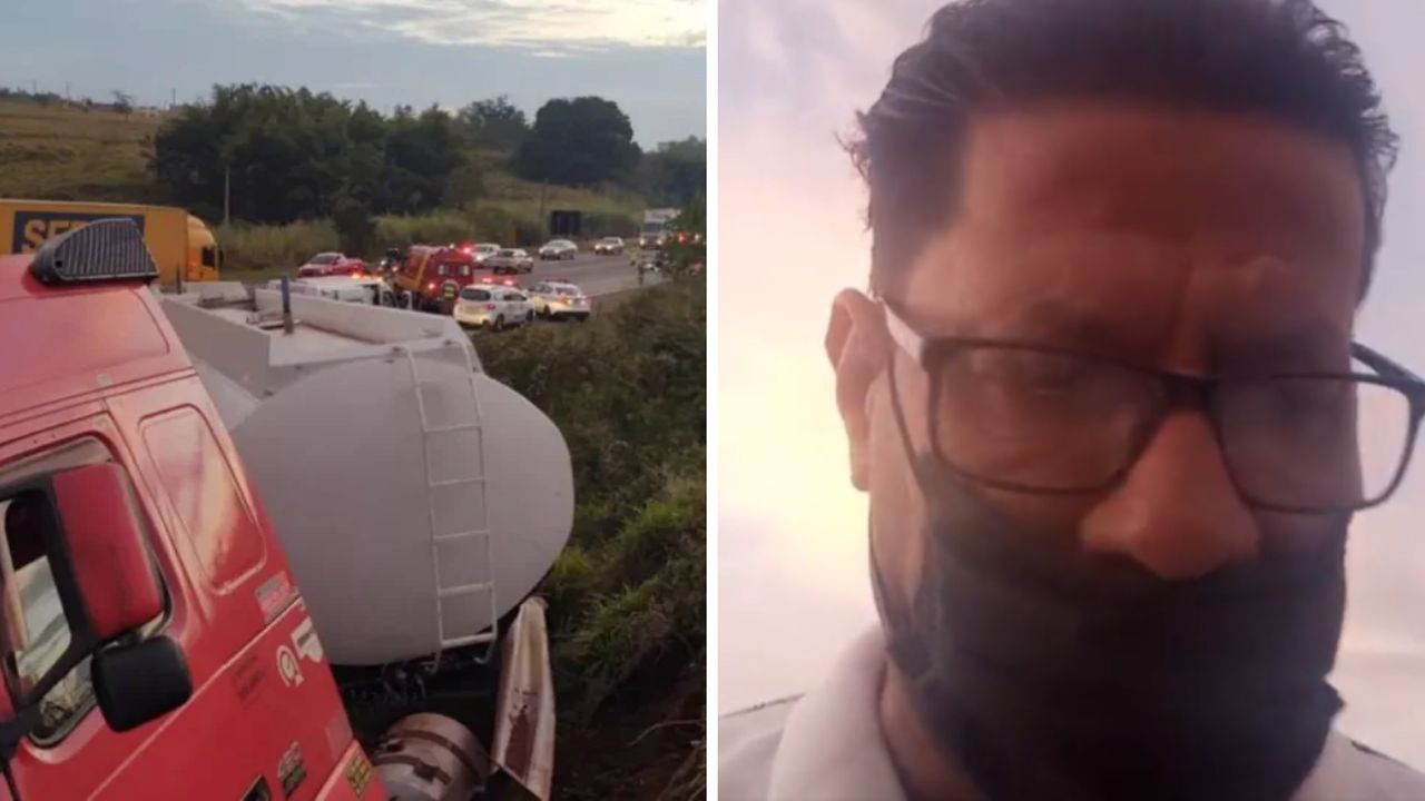 Montagem mostra o registro de um acidente na SP-255 ao lado de um trecho de um vídeo com o jornalista Carlos Alberto Baldassari